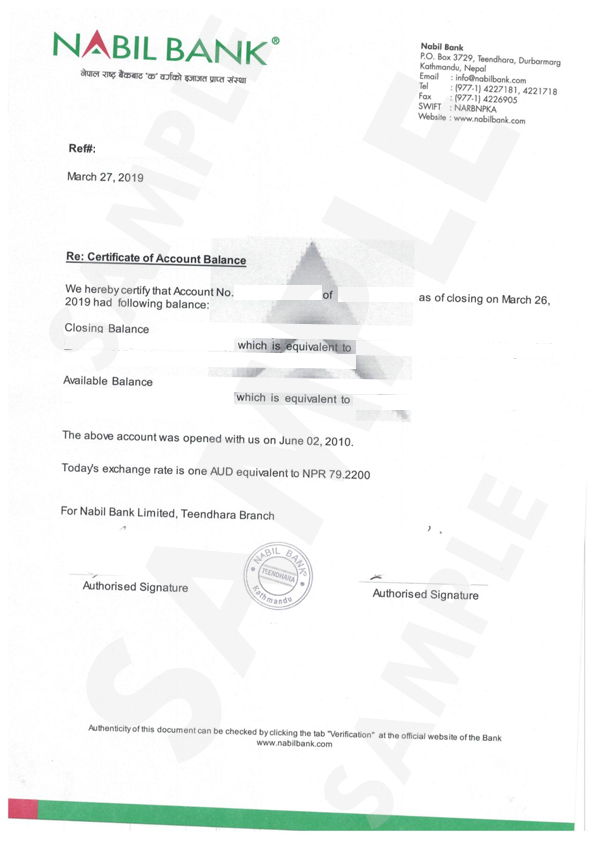 bank balance certificate Nabil bank nepal